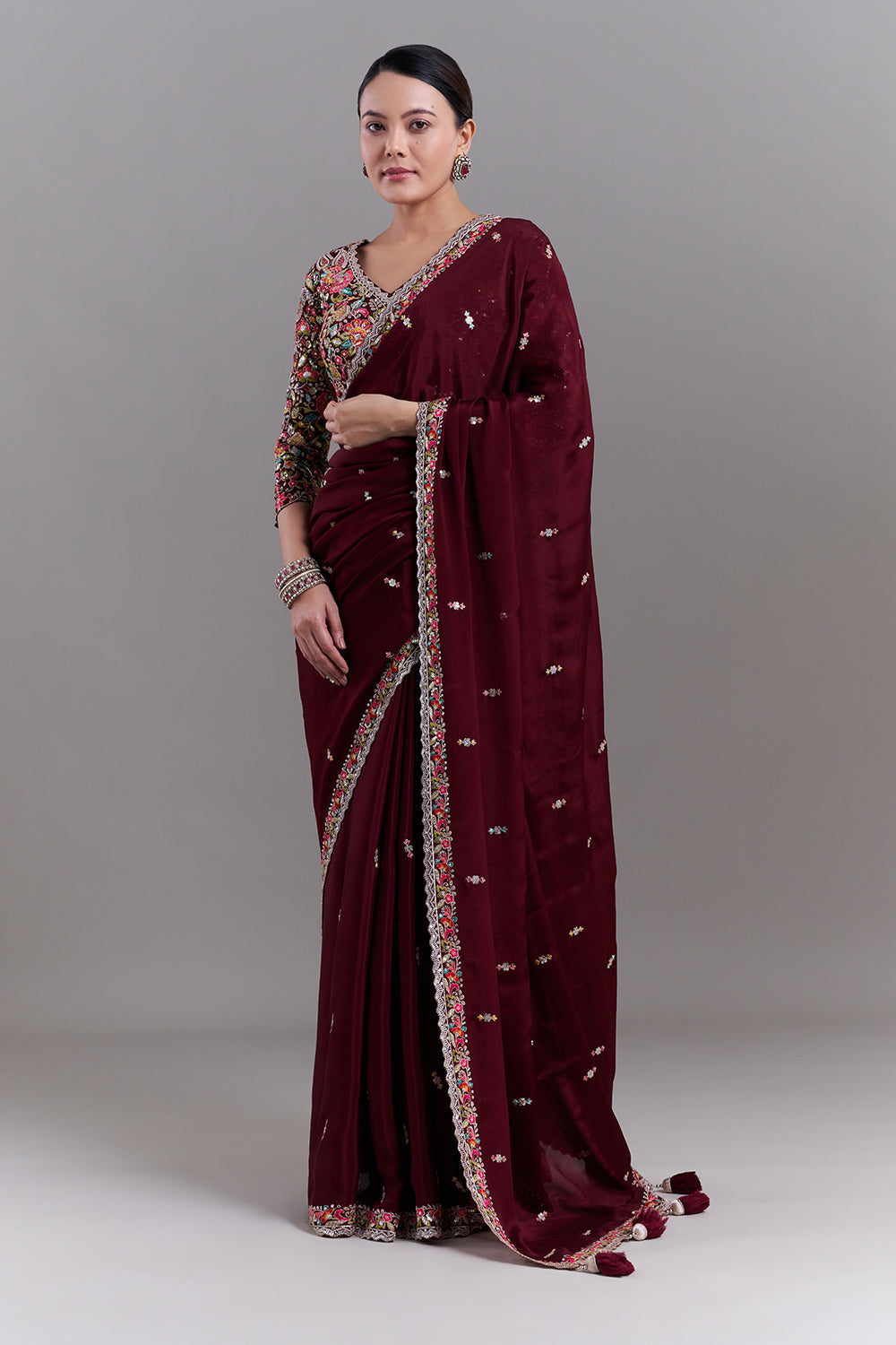 Deep Maroon Crepe Saree with Stitched Blouse