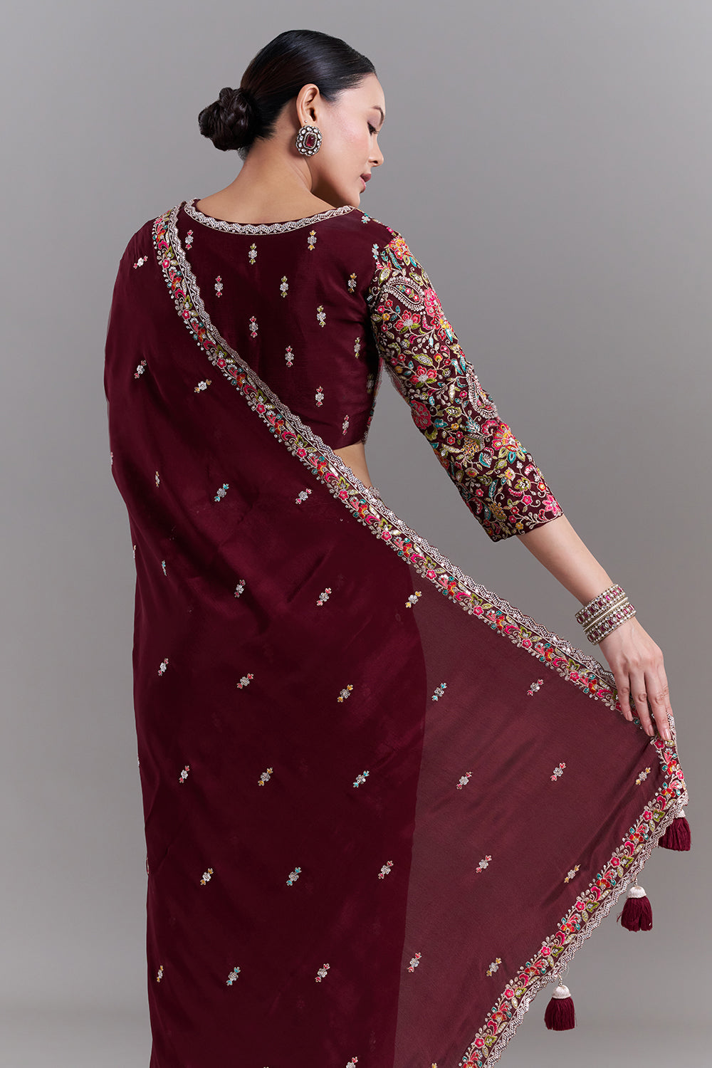 Deep Maroon Crepe Saree with Stitched Blouse