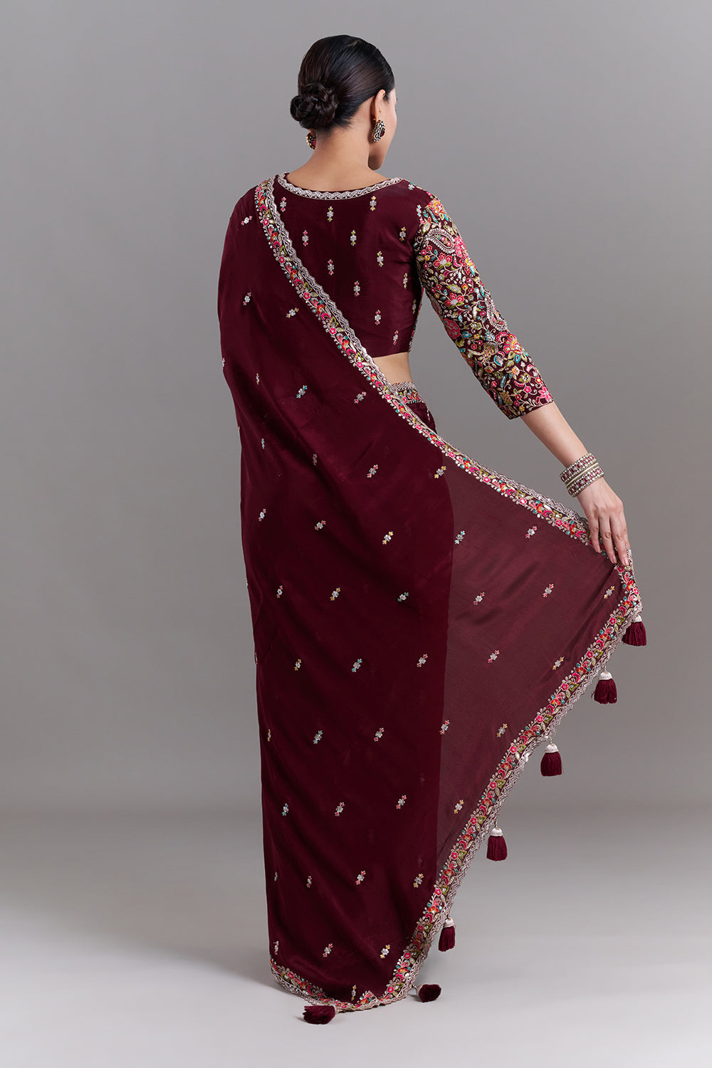 Deep Maroon Crepe Saree with Stitched Blouse