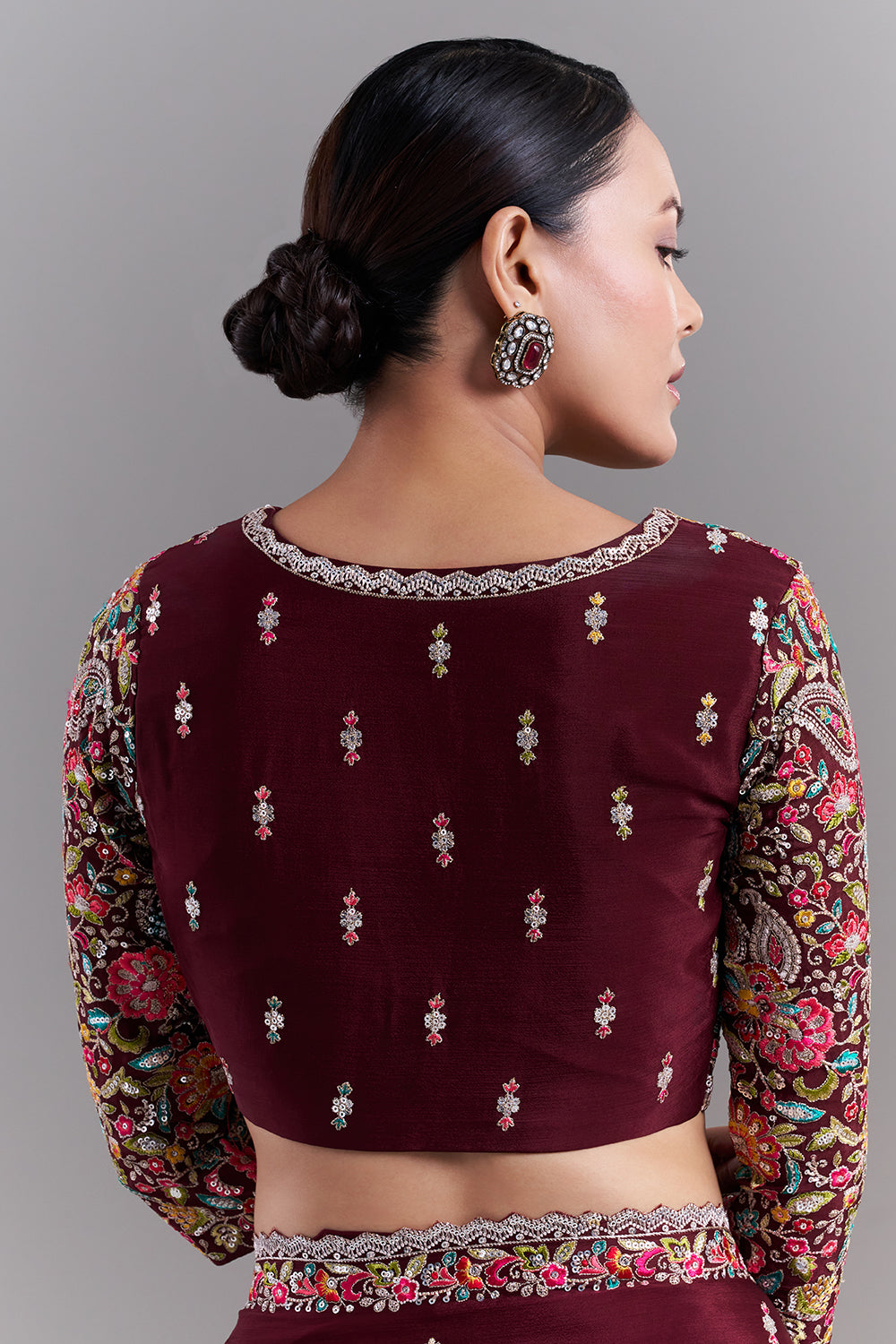 Deep Maroon Crepe Saree with Stitched Blouse