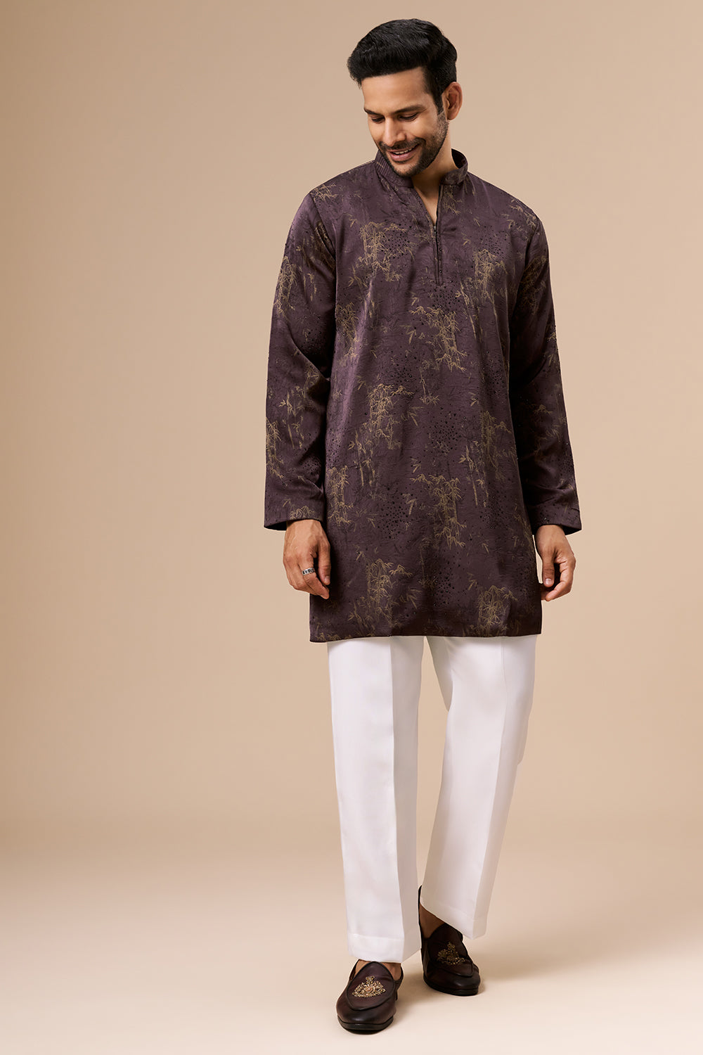 Deep Violet Satin Mens Kurta Set with Embellished Botanical Print