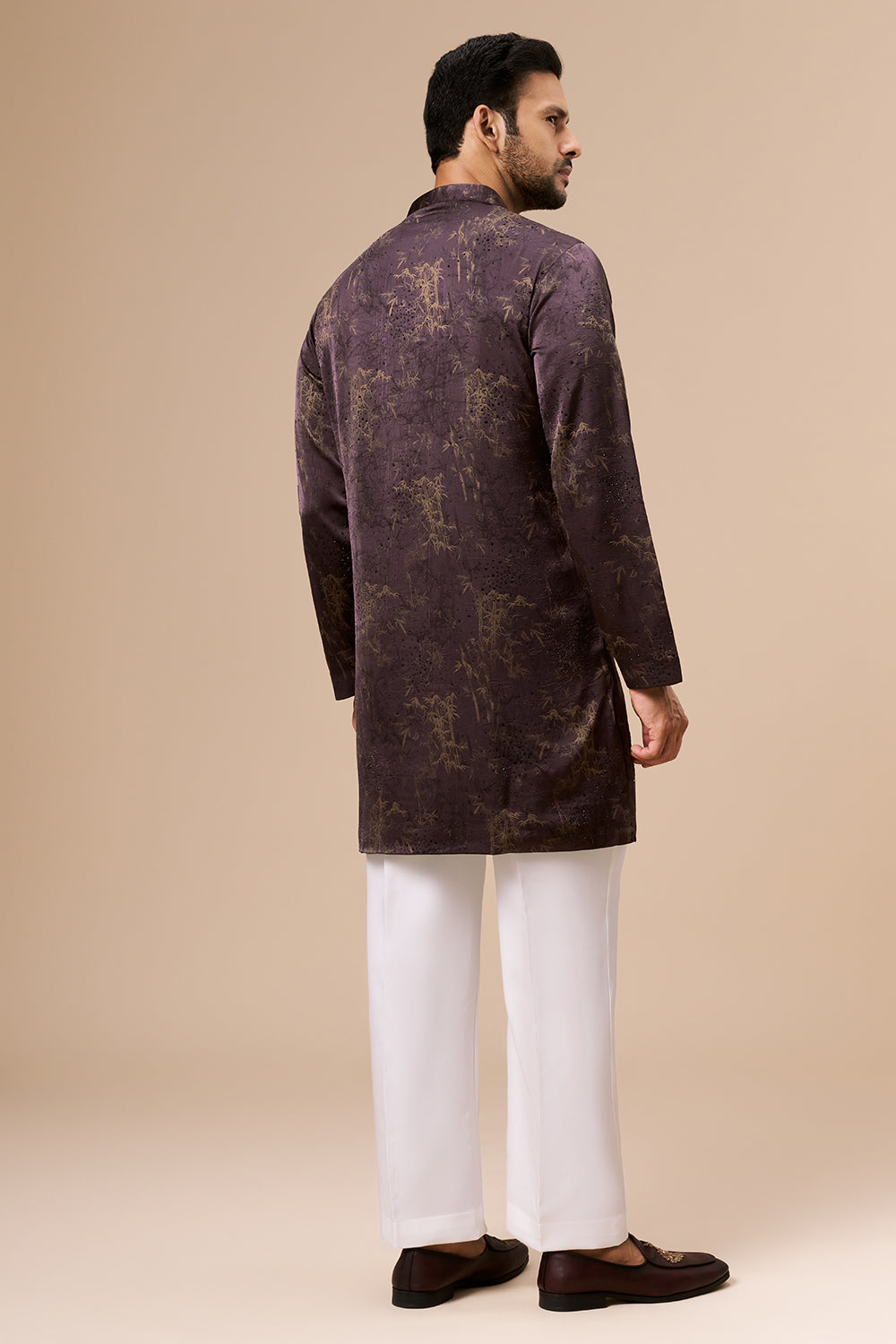 Deep Violet Satin Mens Kurta Set with Embellished Botanical Print