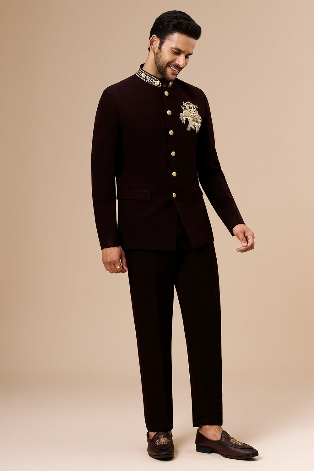 Deep Wine Georgette Jodhpuri with Cut Dana and Zari Elephant Motif