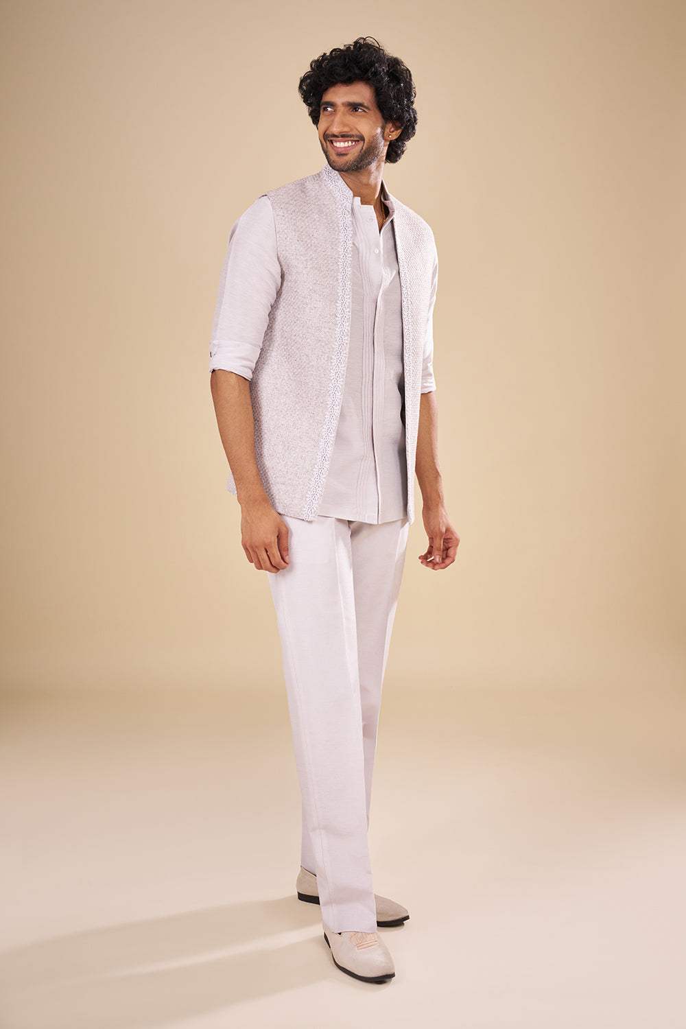 Dove Grey Linen Jacket Set with Scalloped Lace Border.