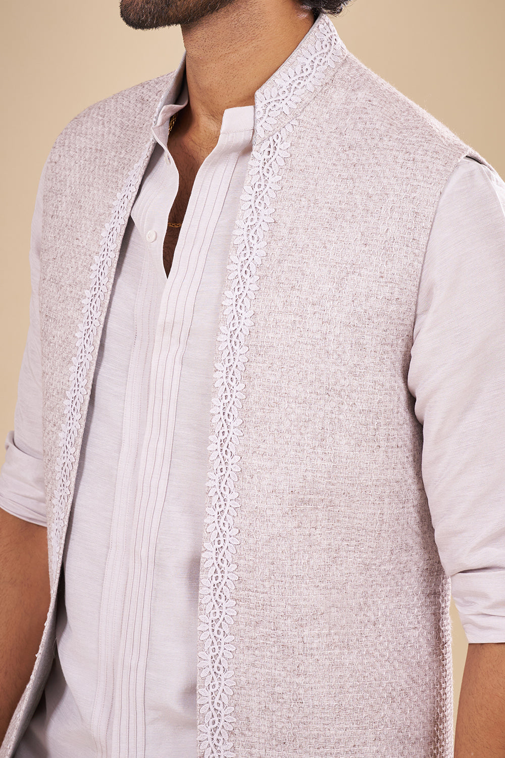 Dove Grey Linen Jacket Set with Scalloped Lace Border.