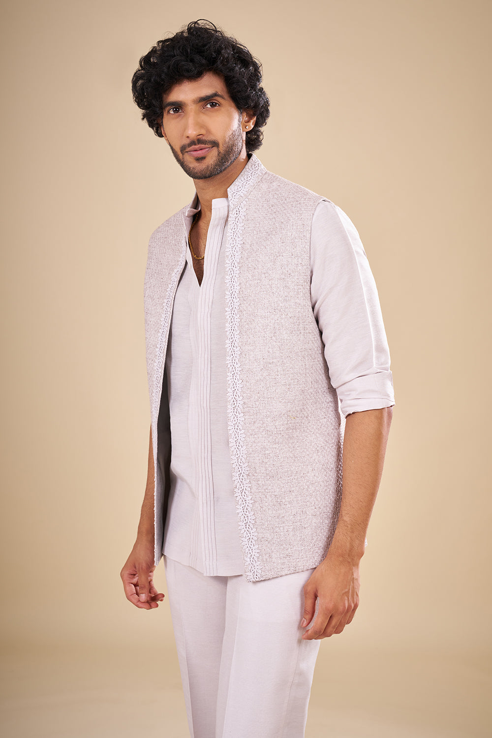 Dove Grey Linen Jacket Set with Scalloped Lace Border.