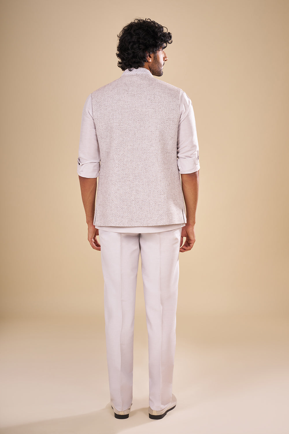Dove Grey Linen Jacket Set with Scalloped Lace Border.