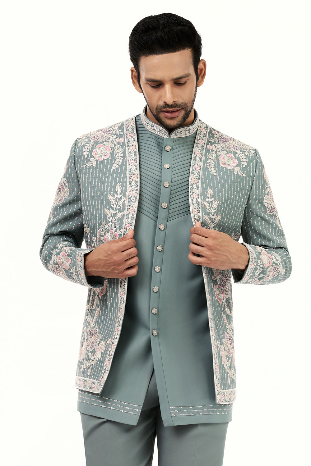 Dusky Blue Art Silk Mens Jodhpuri Set with Resham Work