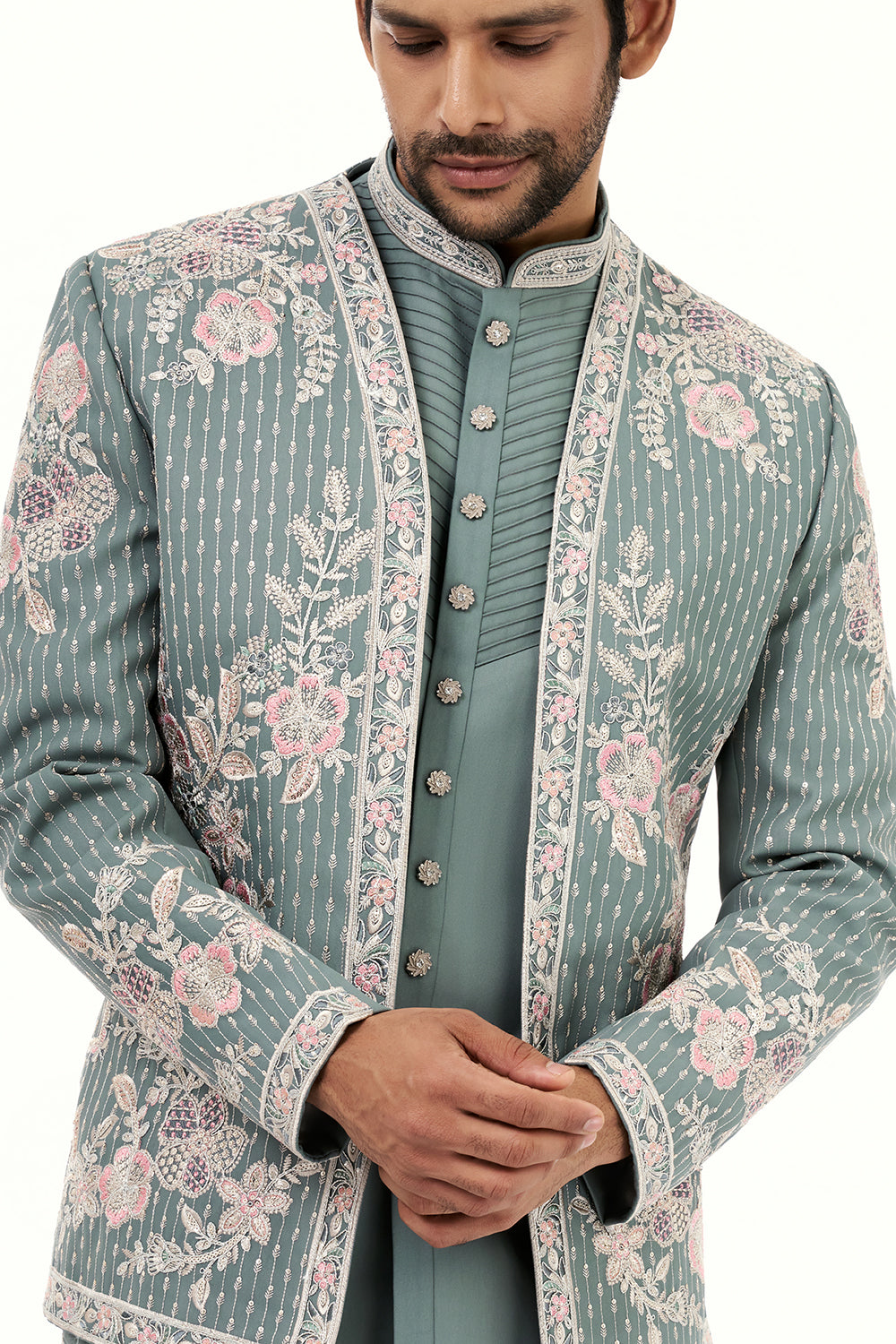 Dusky Blue Art Silk Mens Jodhpuri Set with Resham Work
