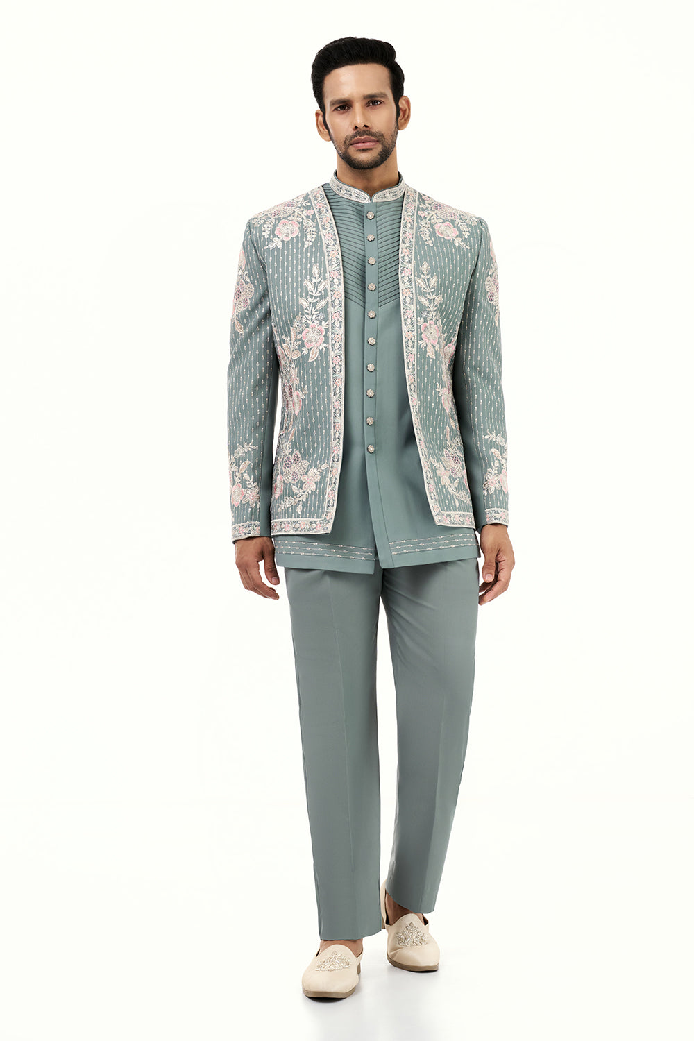 Dusky Blue Art Silk Mens Jodhpuri Set with Resham Work