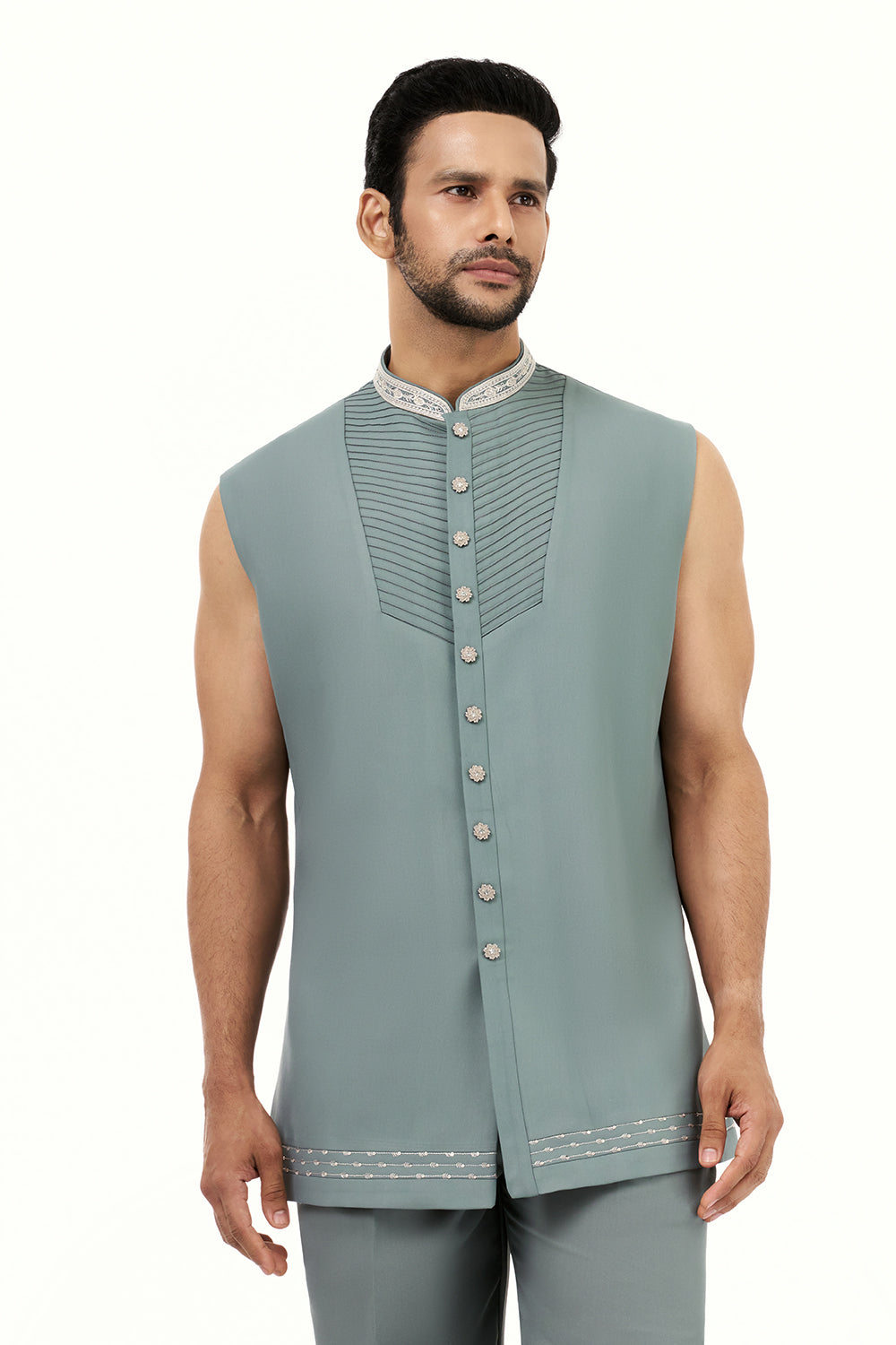 Dusky Blue Art Silk Mens Jodhpuri Set with Resham Work