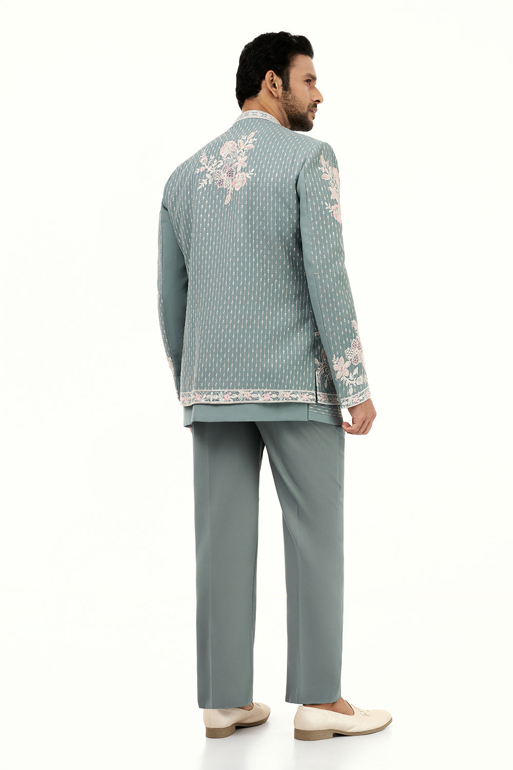 Dusky Blue Art Silk Mens Jodhpuri Set with Resham Work