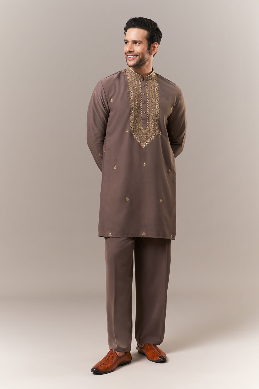Dusky Brown Faux Georgette Mens Kurta Set with Dori and Sequin Work