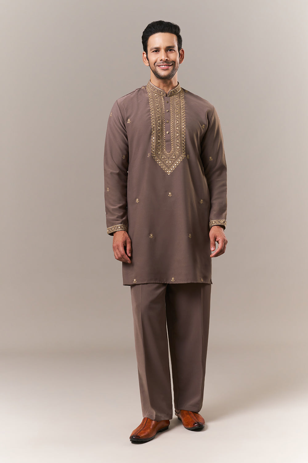 Dusky Brown Faux Georgette Mens Kurta Set with Dori and Sequin Work