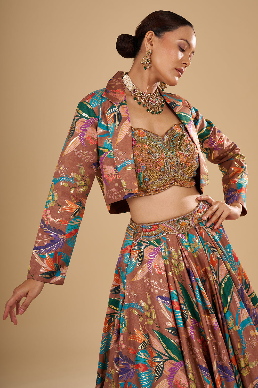 Dusky Brown Silk Satin Foil Printed Lehenga Set with 3D Floral Pieces