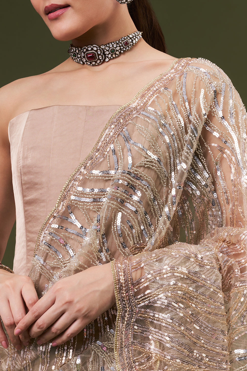 Dusty Beige Net Embroidered Saree with Cutdana and Sequin Work