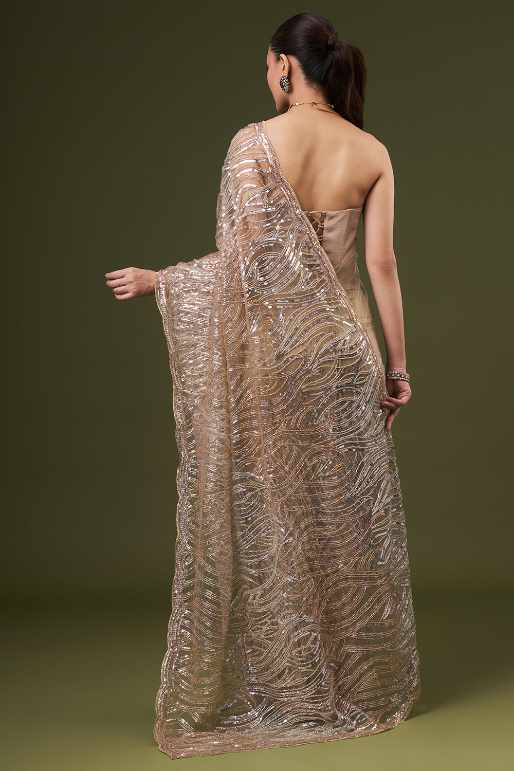Dusty Beige Net Embroidered Saree with Cutdana and Sequin Work