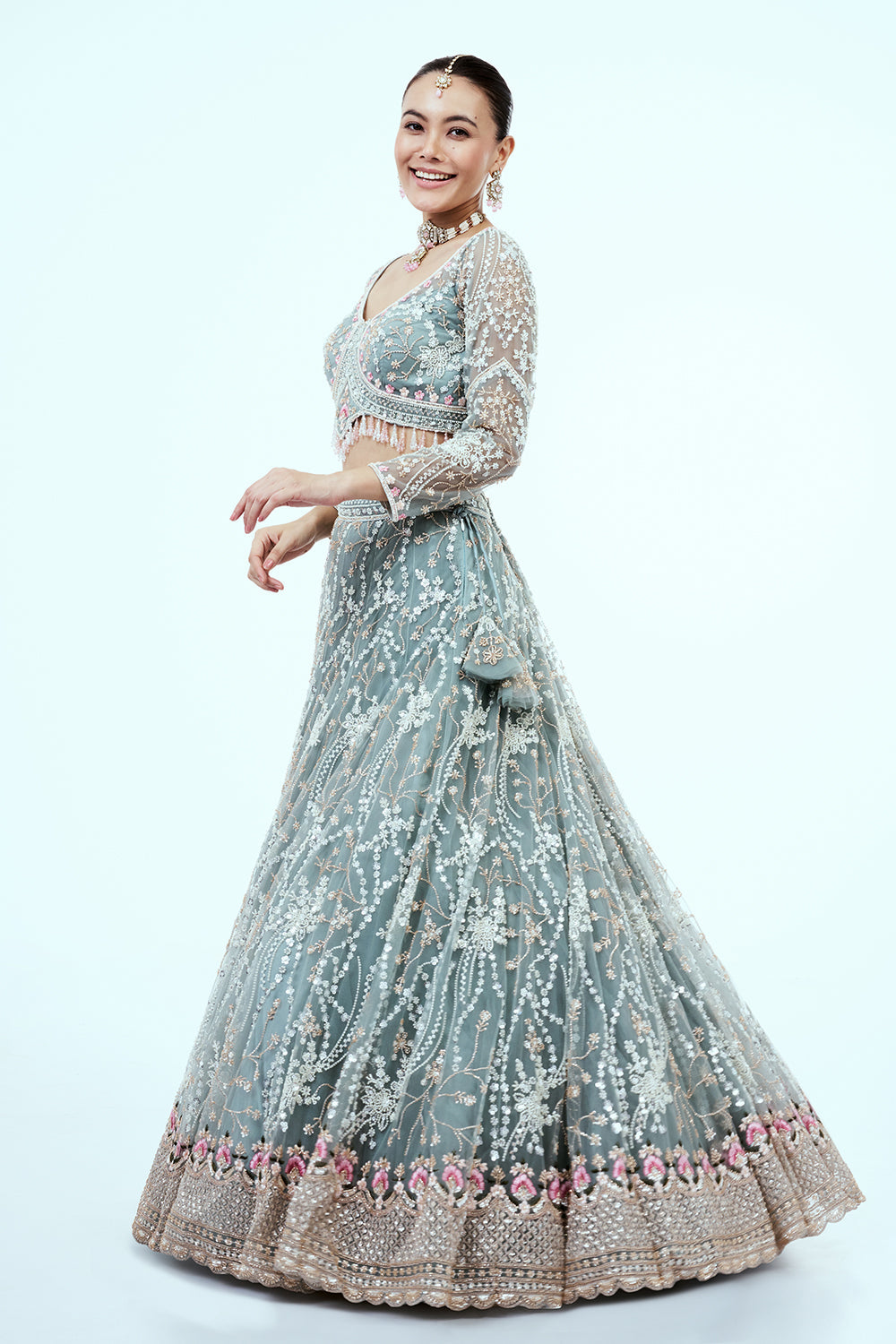 Dusty Blue Hand Embroidered Net Lehenga with Cutdana Work