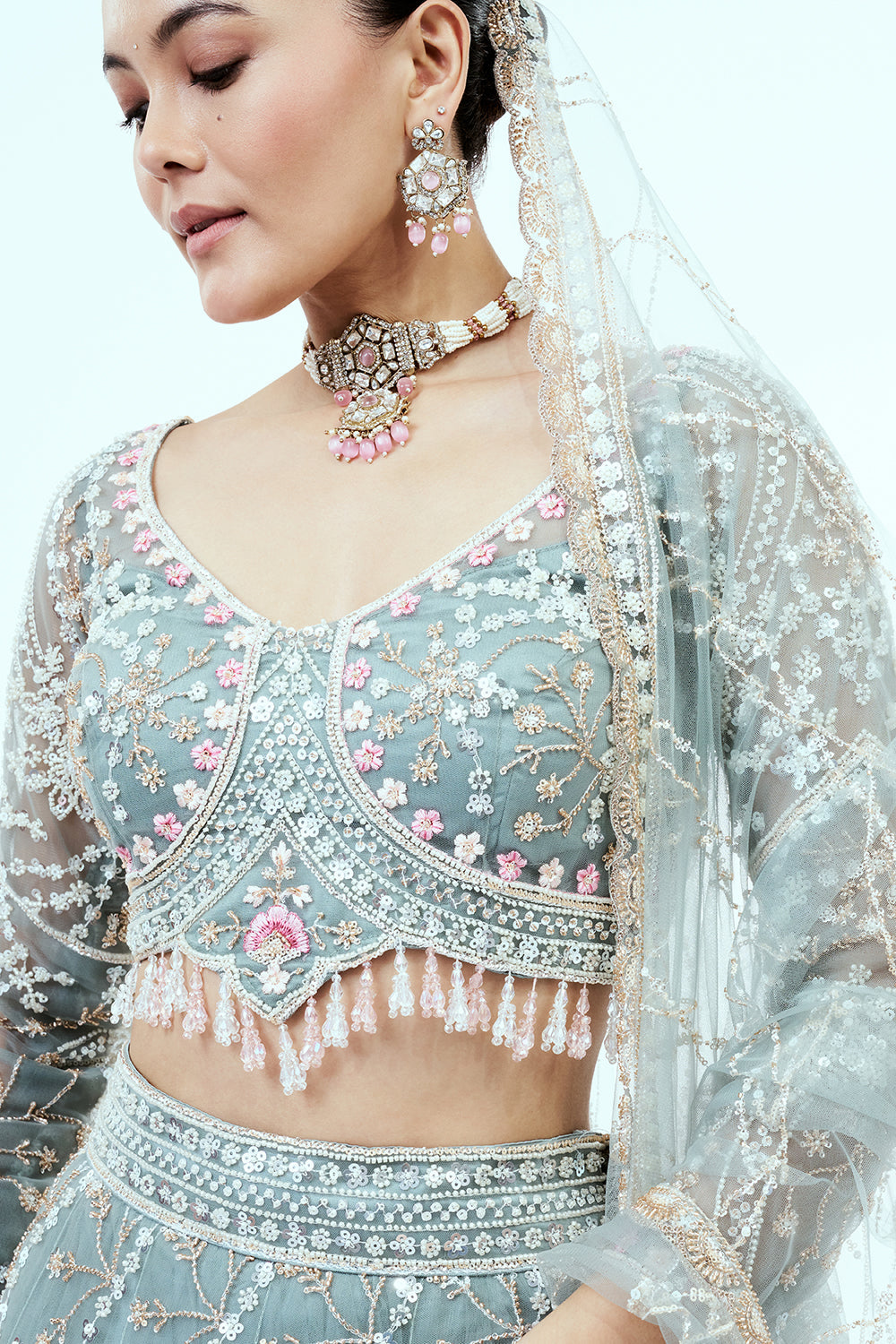 Dusty Blue Hand Embroidered Net Lehenga with Cutdana Work