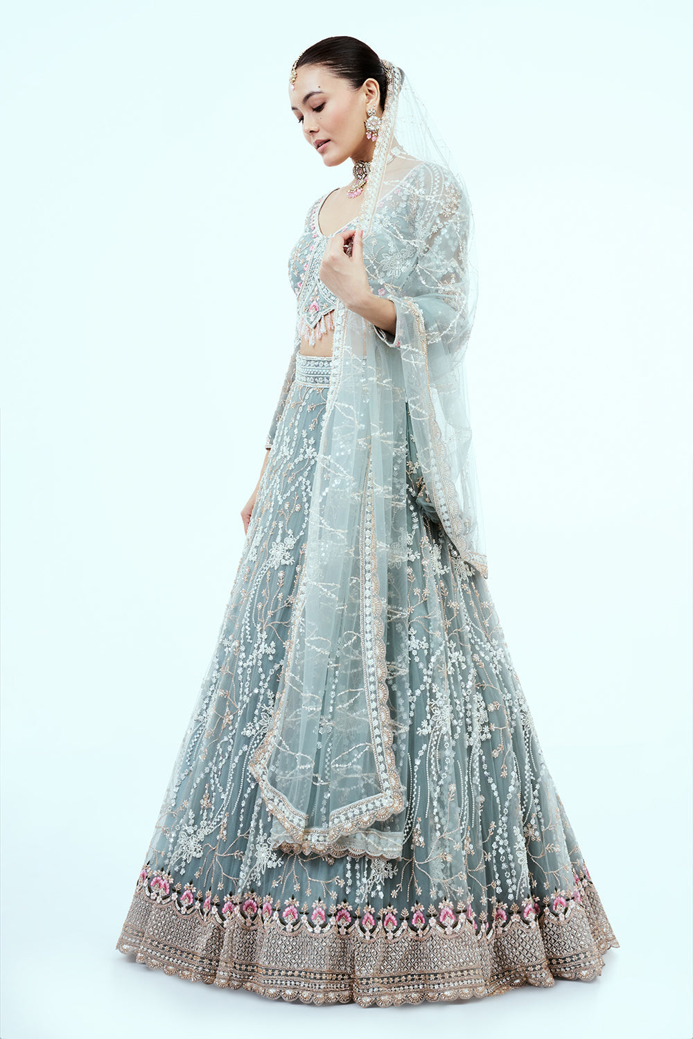 Dusty Blue Hand Embroidered Net Lehenga with Cutdana Work