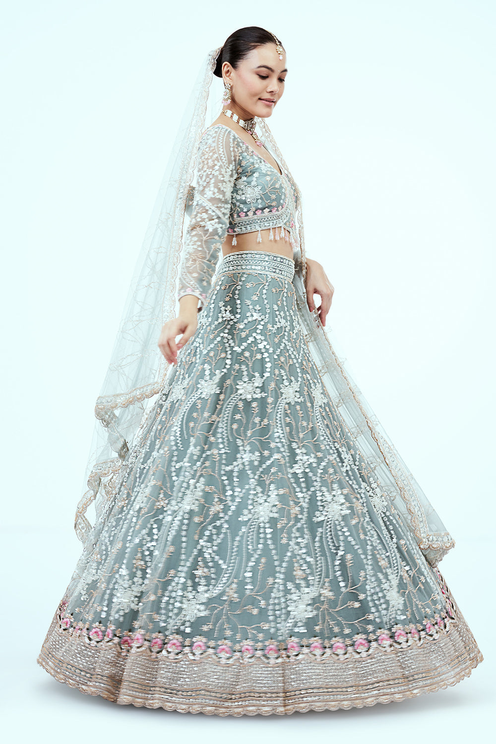 Dusty Blue Hand Embroidered Net Lehenga with Cutdana Work