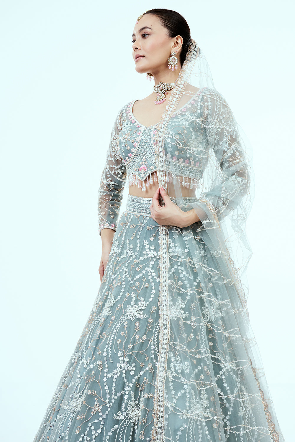 Dusty Blue Hand Embroidered Net Lehenga with Cutdana Work