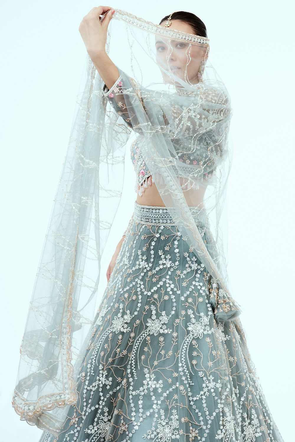 Dusty Blue Hand Embroidered Net Lehenga with Cutdana Work