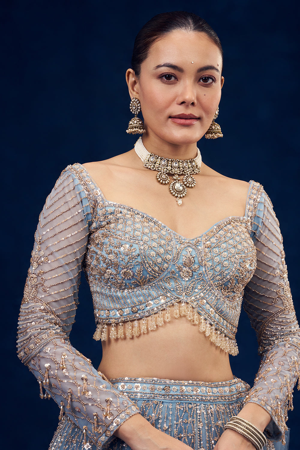 Dusty Blue Net Lehenga with Cutdana and Pearl Hand Work