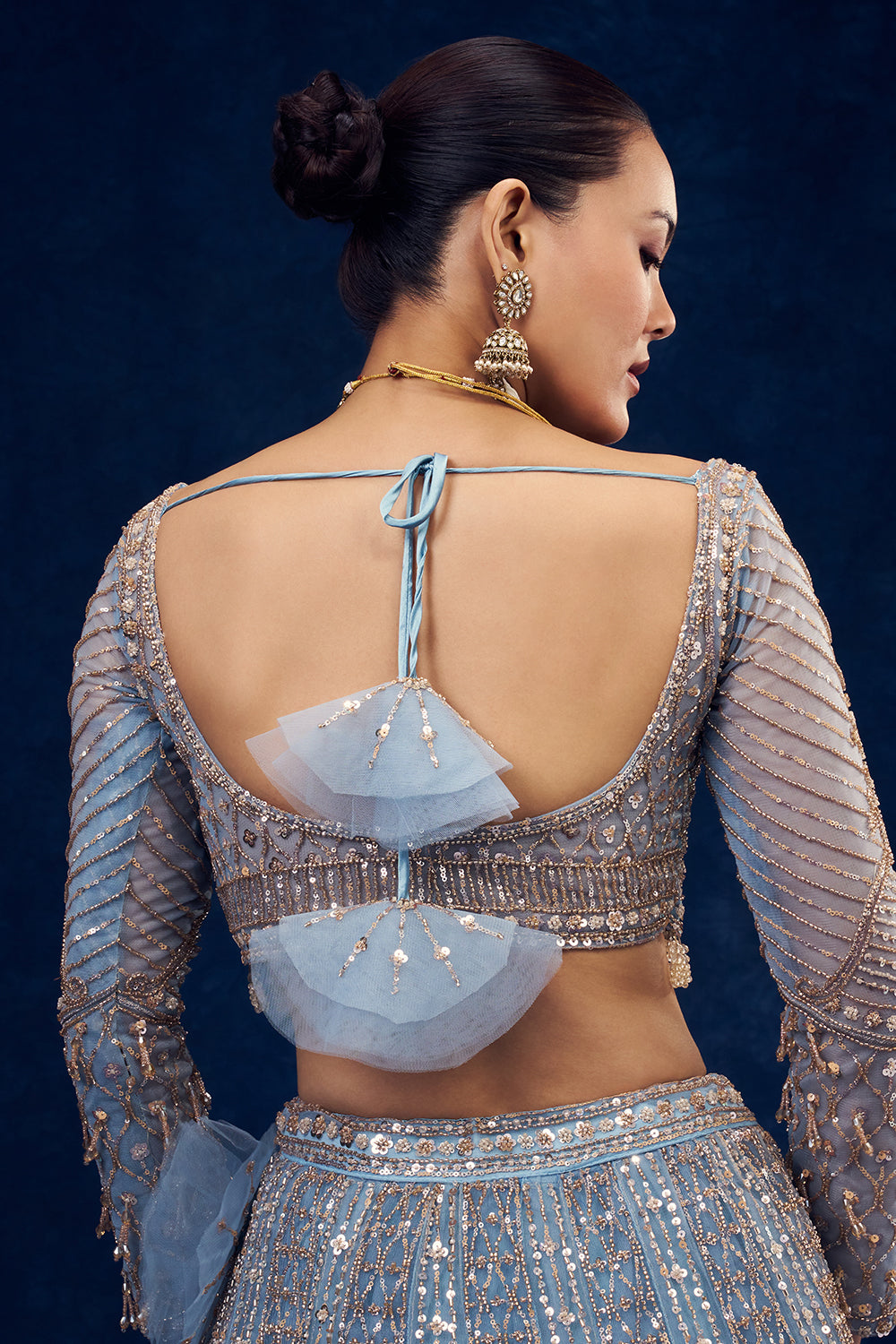Dusty Blue Net Lehenga with Cutdana and Pearl Hand Work