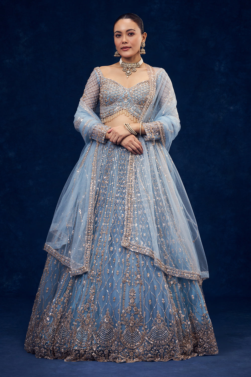 Dusty Blue Net Lehenga with Cutdana and Pearl Hand Work