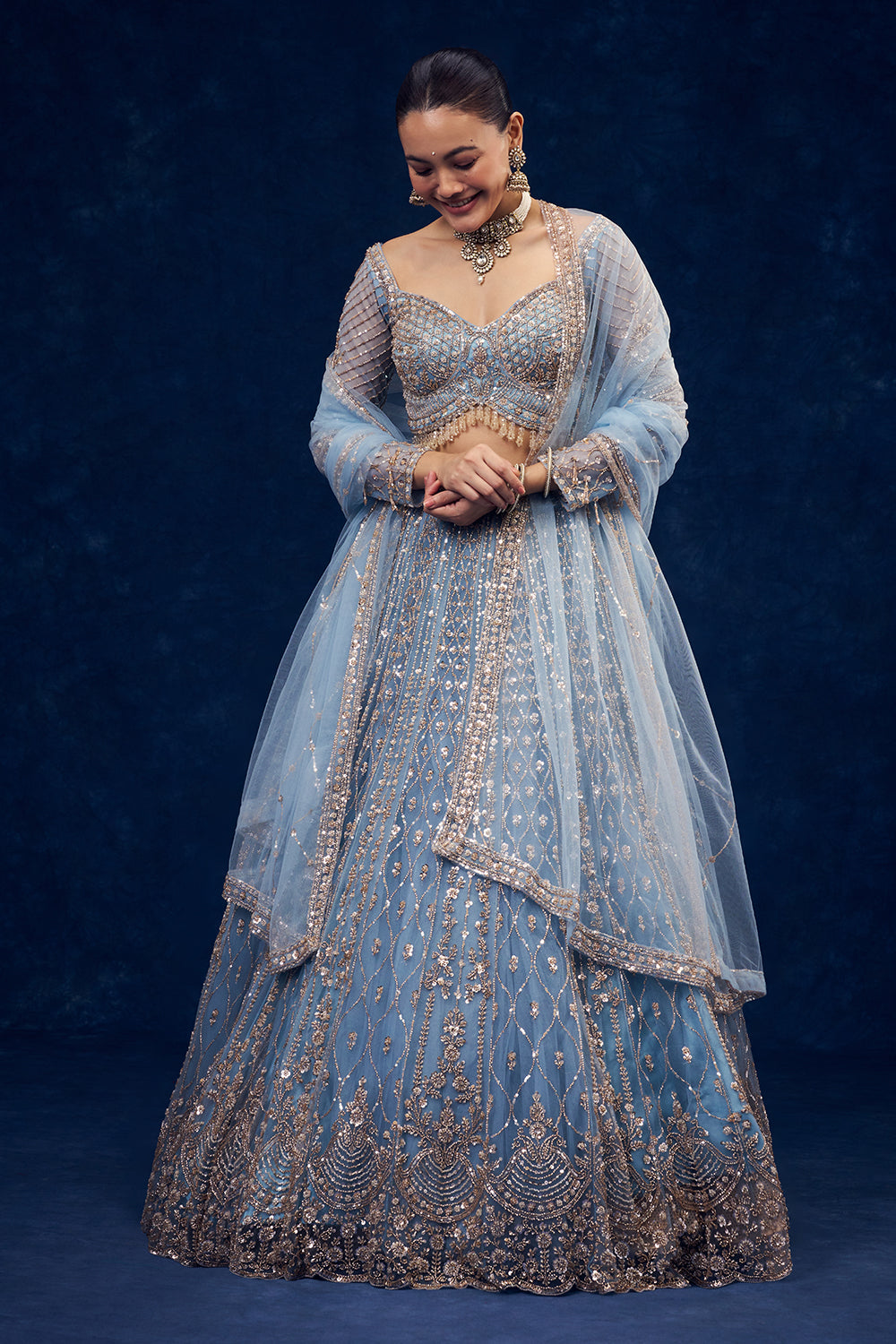Dusty Blue Net Lehenga with Cutdana and Pearl Hand Work