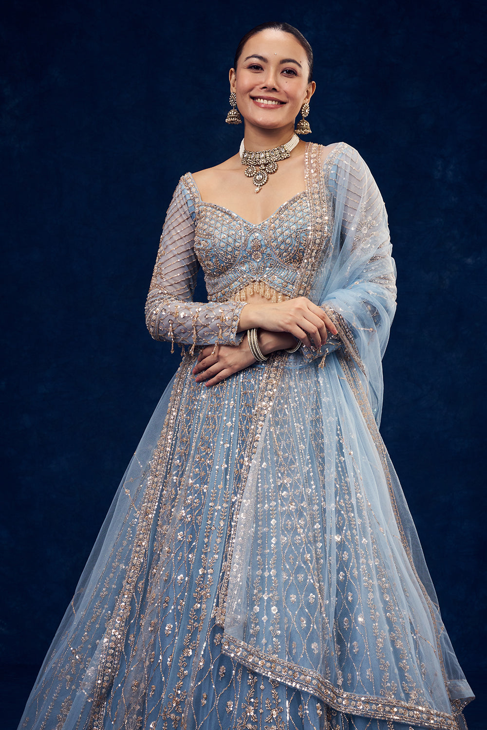 Dusty Blue Net Lehenga with Cutdana and Pearl Hand Work