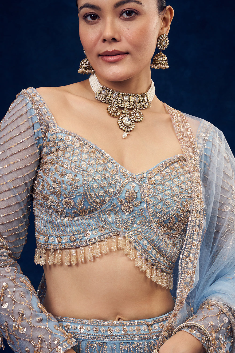 Dusty Blue Net Lehenga with Cutdana and Pearl Hand Work