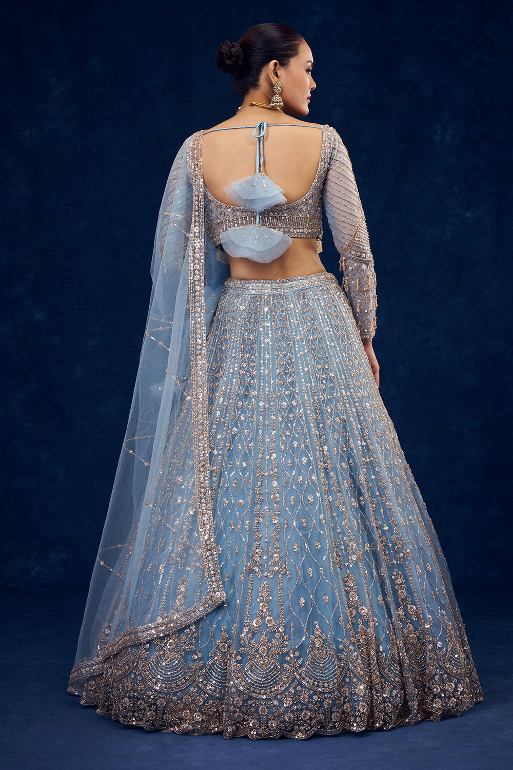 Dusty Blue Net Lehenga with Cutdana and Pearl Hand Work
