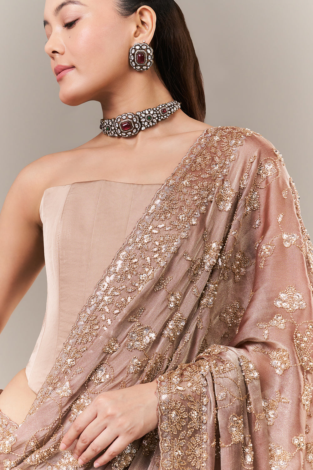 Dusty Brown Glass Organza Saree with Sequin and Cutdana Work