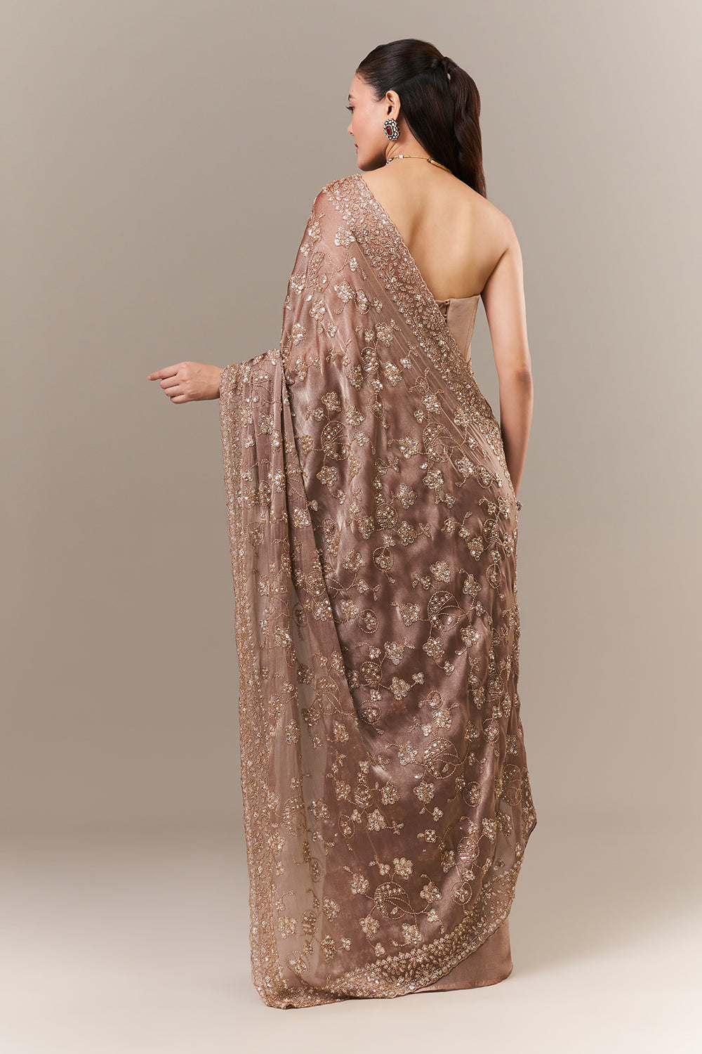 Dusty Brown Glass Organza Saree with Sequin and Cutdana Work