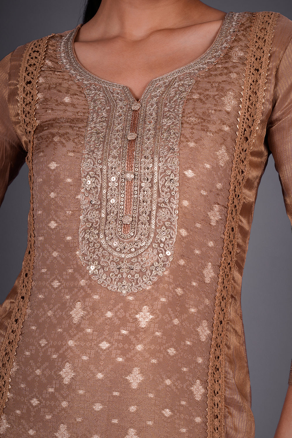 Dusty Gold Chanderi Jacquard Kurta Set with Zari Embroidery