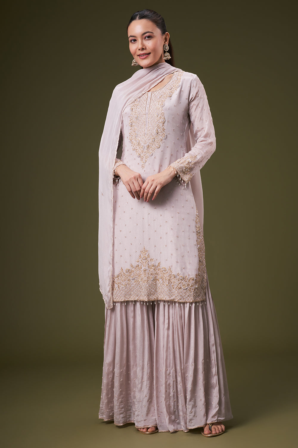 Dusty Grey Chinon Sharara Suit with Resham and Cutdana Work