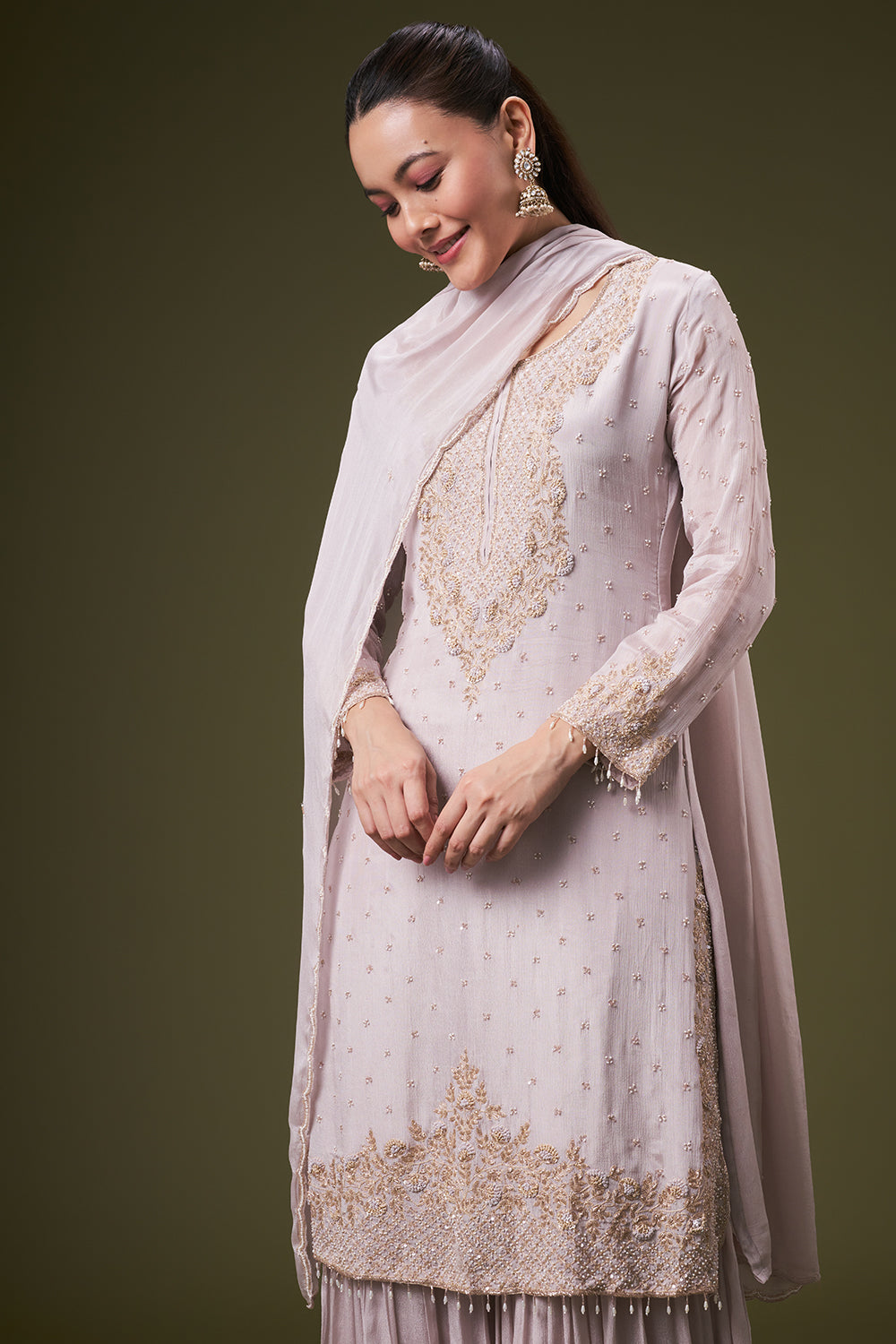 Dusty Grey Chinon Sharara Suit with Resham and Cutdana Work