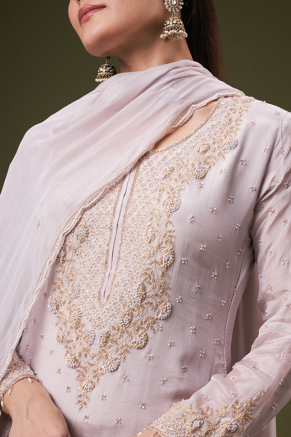 Dusty Grey Chinon Sharara Suit with Resham and Cutdana Work
