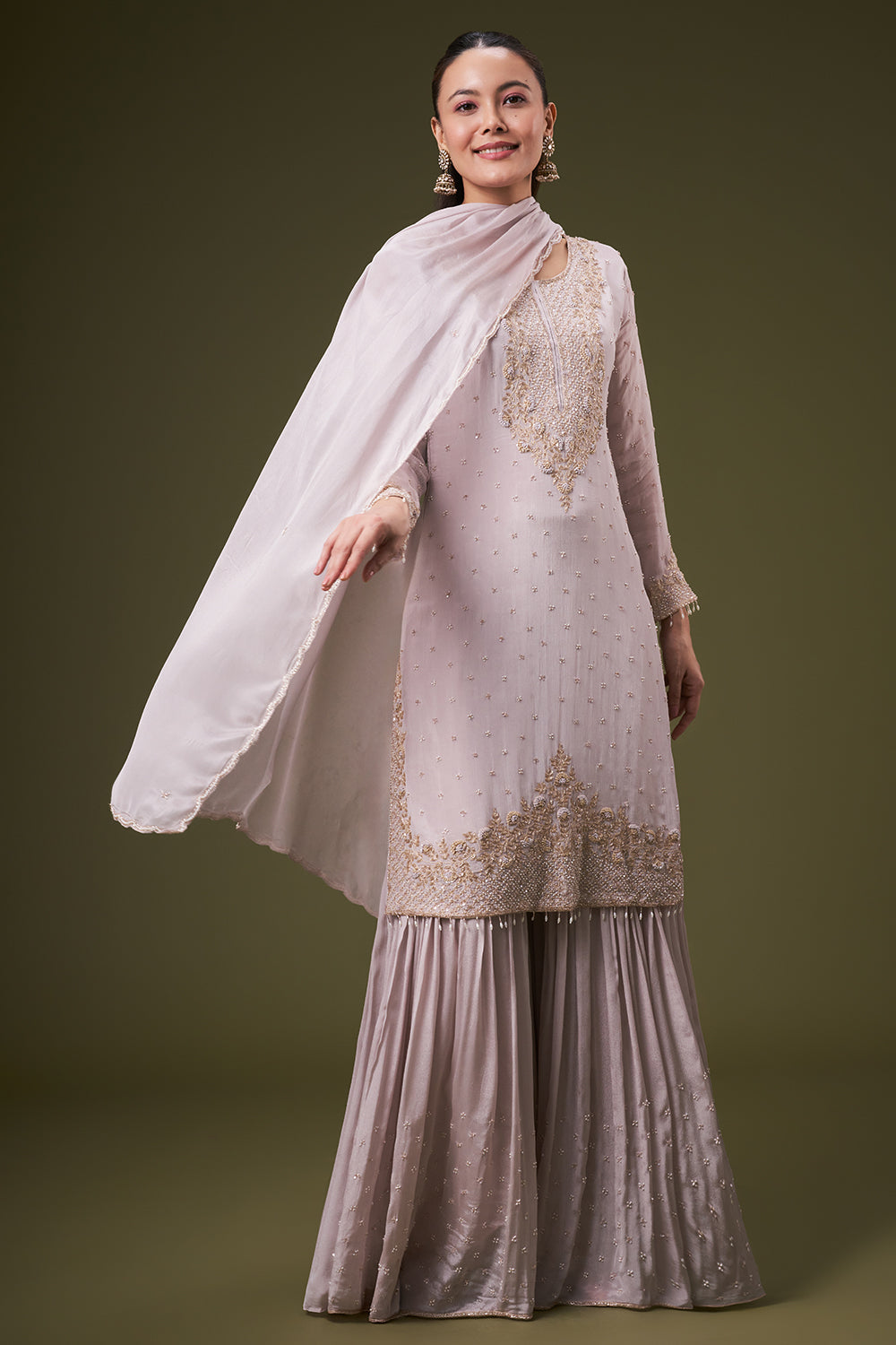 Dusty Grey Chinon Sharara Suit with Resham and Cutdana Work