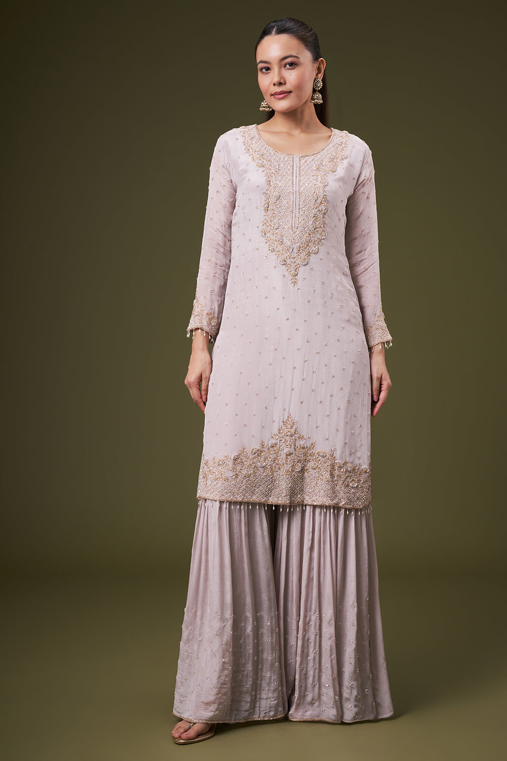 Dusty Grey Chinon Sharara Suit with Resham and Cutdana Work