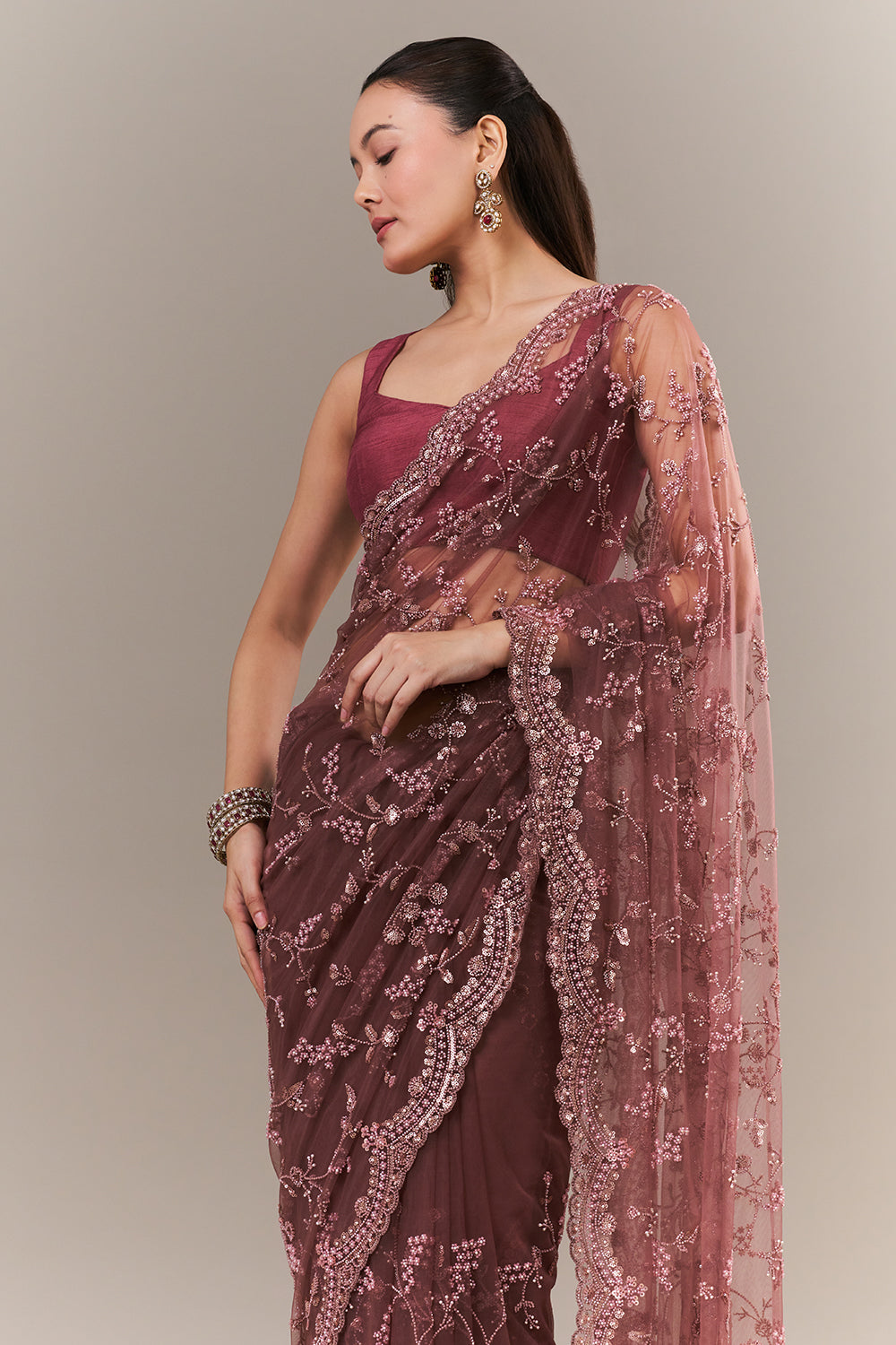 Dusty Mauve Net Saree with Sequin and Pearl Work