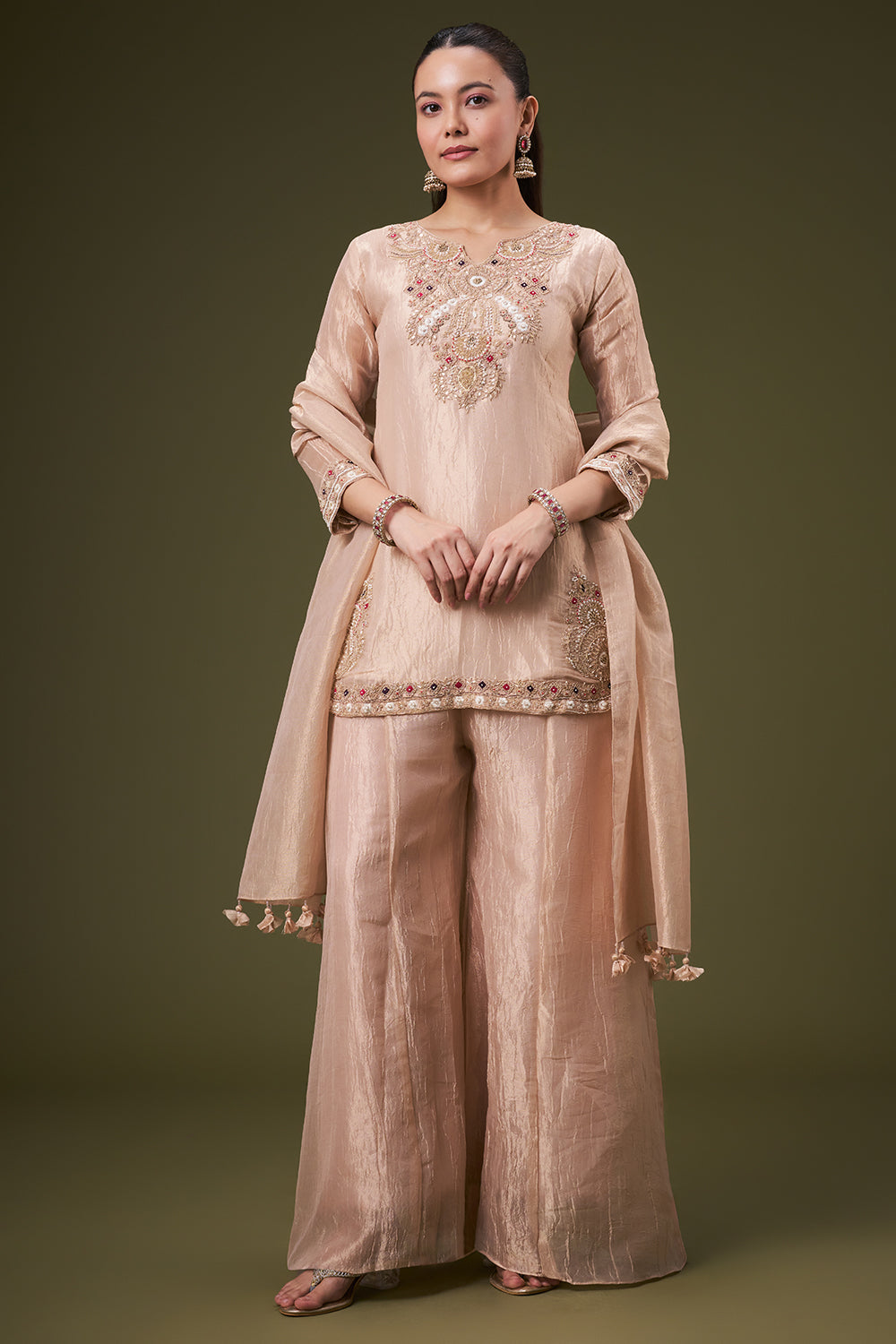 Dusty Peach Tissue Palazzo Suit with Resham and Gota Work