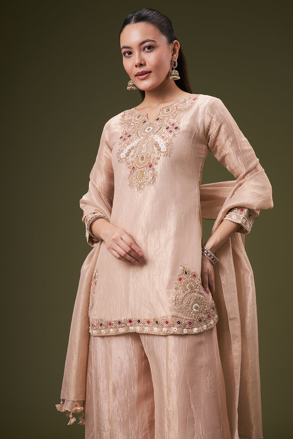 Dusty Peach Tissue Palazzo Suit with Resham and Gota Work