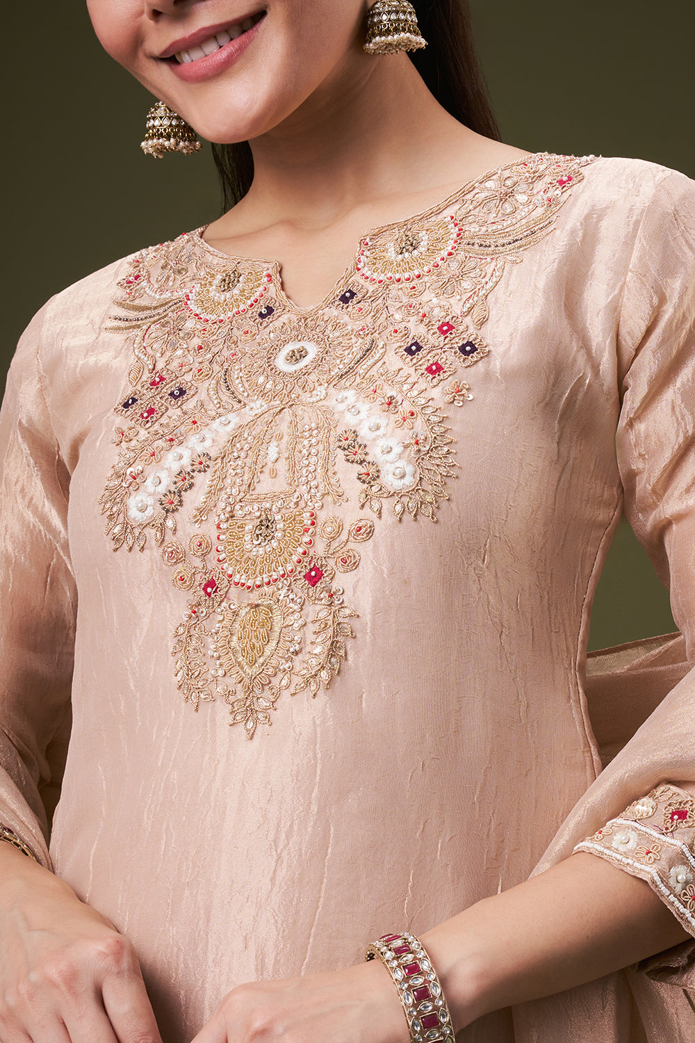 Dusty Peach Tissue Palazzo Suit with Resham and Gota Work
