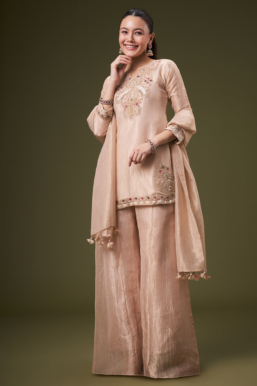 Dusty Peach Tissue Palazzo Suit with Resham and Gota Work