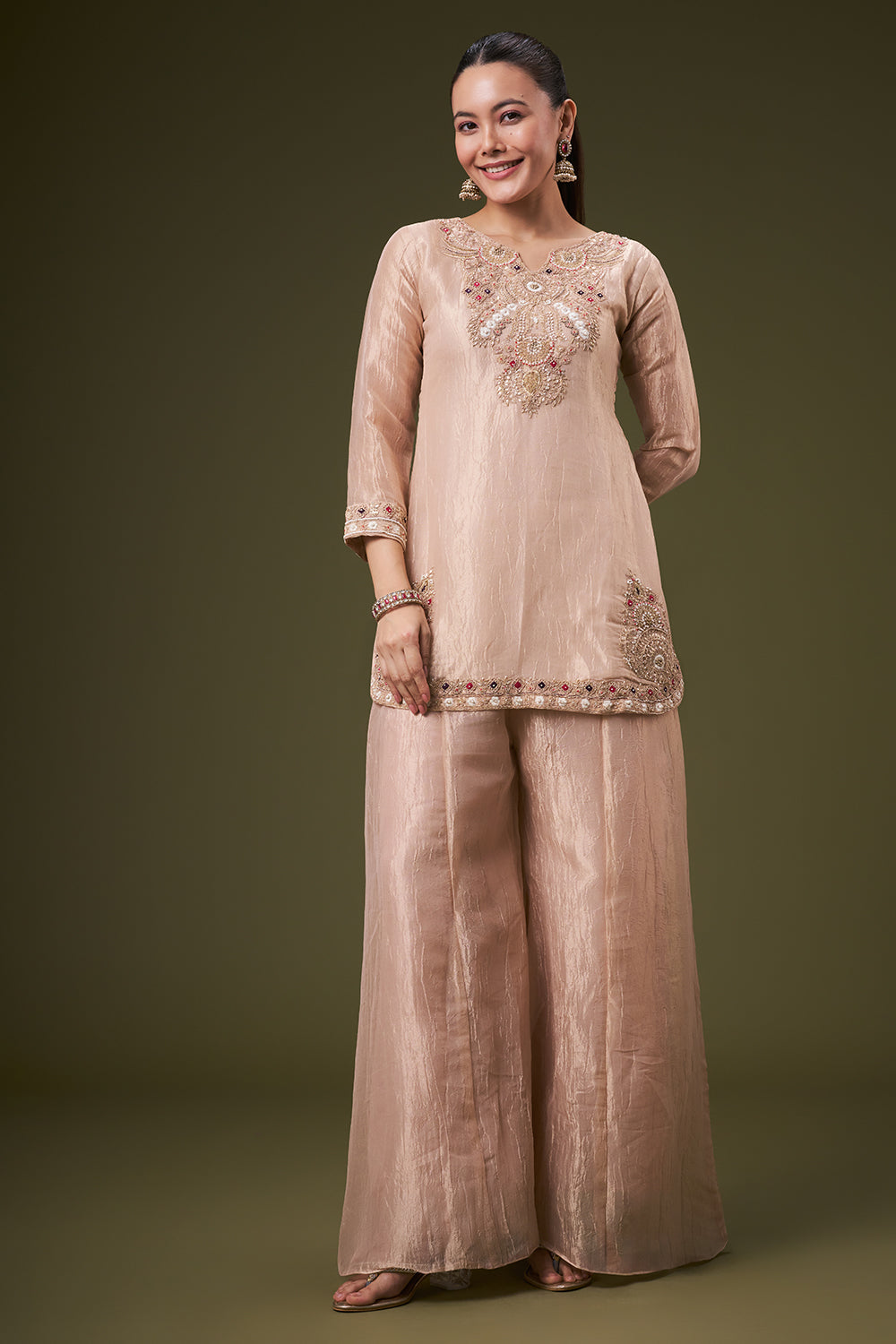 Dusty Peach Tissue Palazzo Suit with Resham and Gota Work
