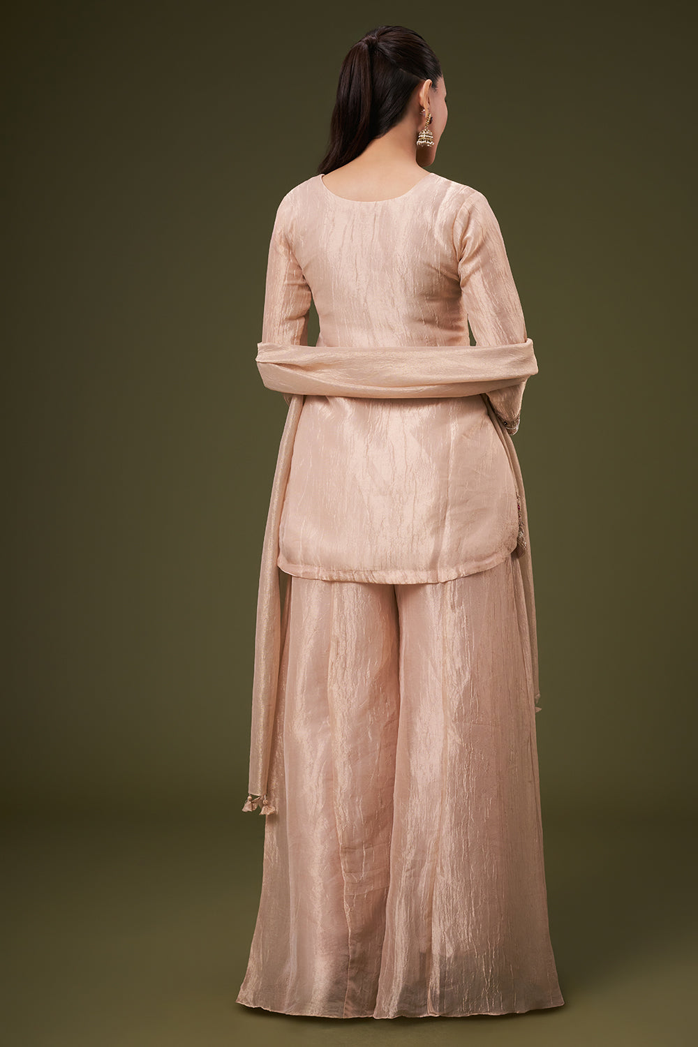 Dusty Peach Tissue Palazzo Suit with Resham and Gota Work