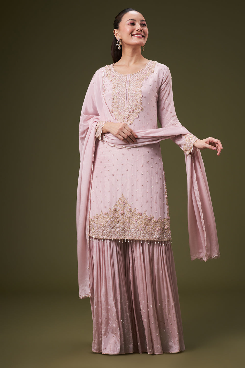 Dusty Pink Chinon Sharara Suit with Resham and Cutdana Work